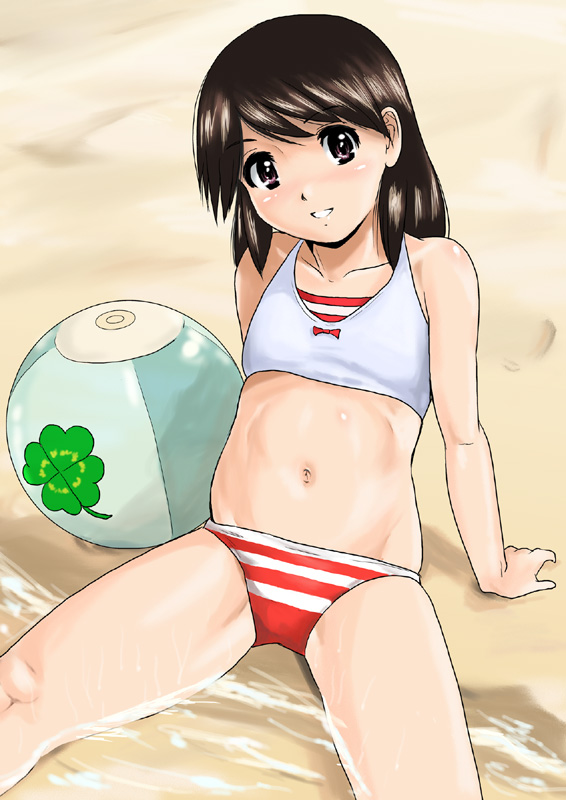 bad_anatomy ball beach beachball bikini black_hair brown_eyes child flat_chest funky-harem loli short_hair shu-z swimsuit yotsubato!