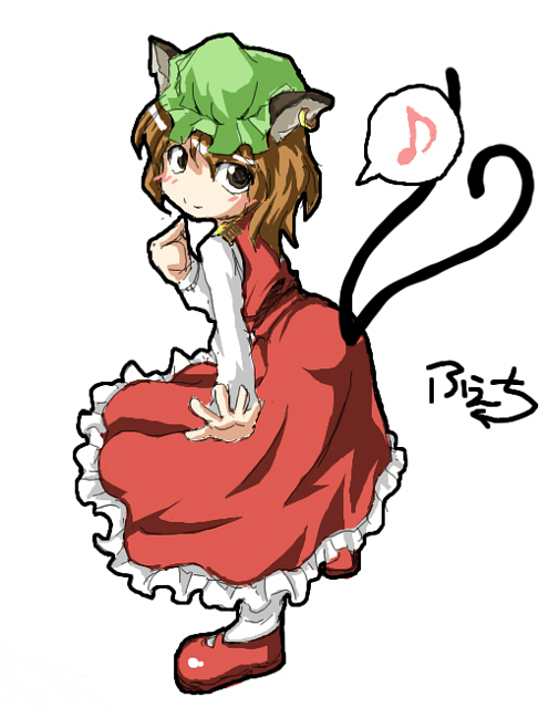 brown_eyes brown_hair cat_ears cat_tail chen earrings fechirin hat jewelry looking_back multiple_tails musical_note short_hair tail touhou