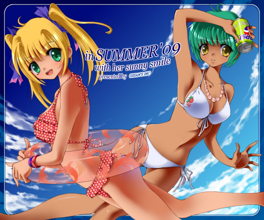 bikini blonde_hair bracelet dr_rex front-tie_top green_eyes green_hair innertube jewelry long_hair multiple_girls necklace pepsi polka_dot polka_dot_bikini polka_dot_swimsuit short_hair side-tie_bikini soda_can swimsuit twintails yellow_eyes