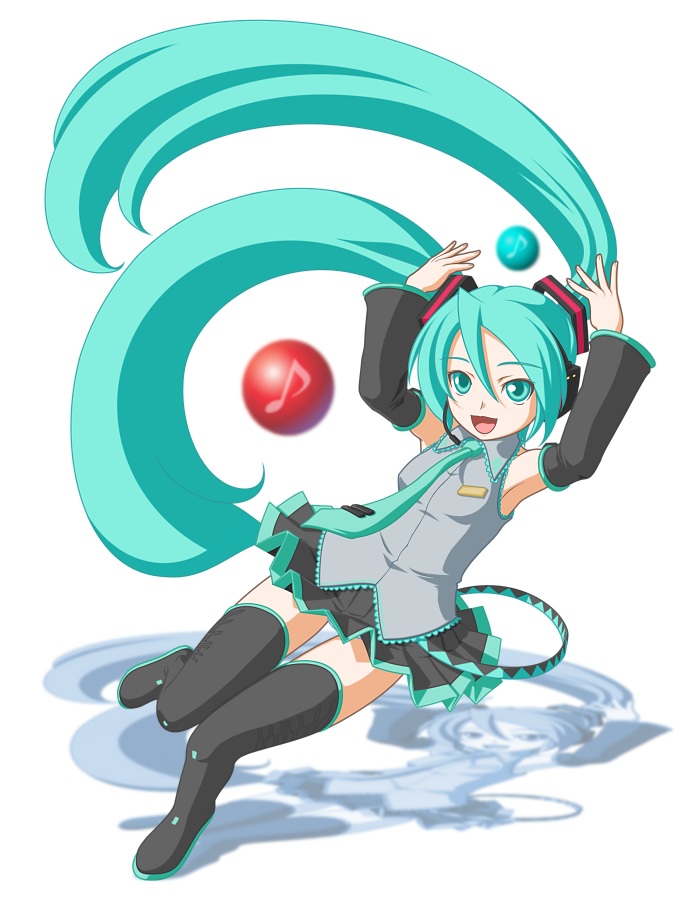 aqua_eyes aqua_hair detached_sleeves hatsune_miku headphones headset long_hair musical_note necktie smile solo t2r thigh-highs thighhighs twintails vocaloid zettai_ryouiki