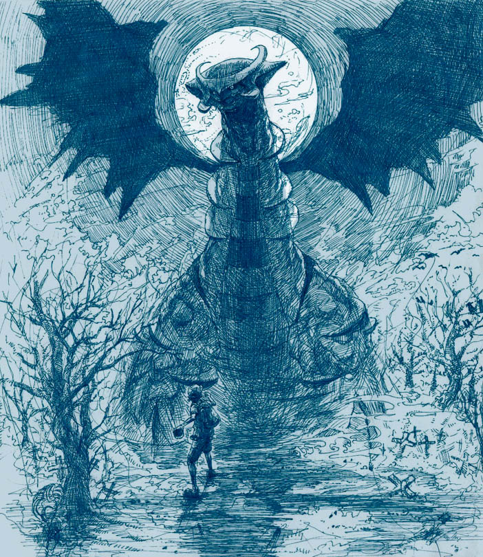 blue dragon epic fog full_moon giratina graveyard monochrome moon night pixiv pokemon pokemon_(game) pokemon_dppt toi_(number8) tombstone tree wings