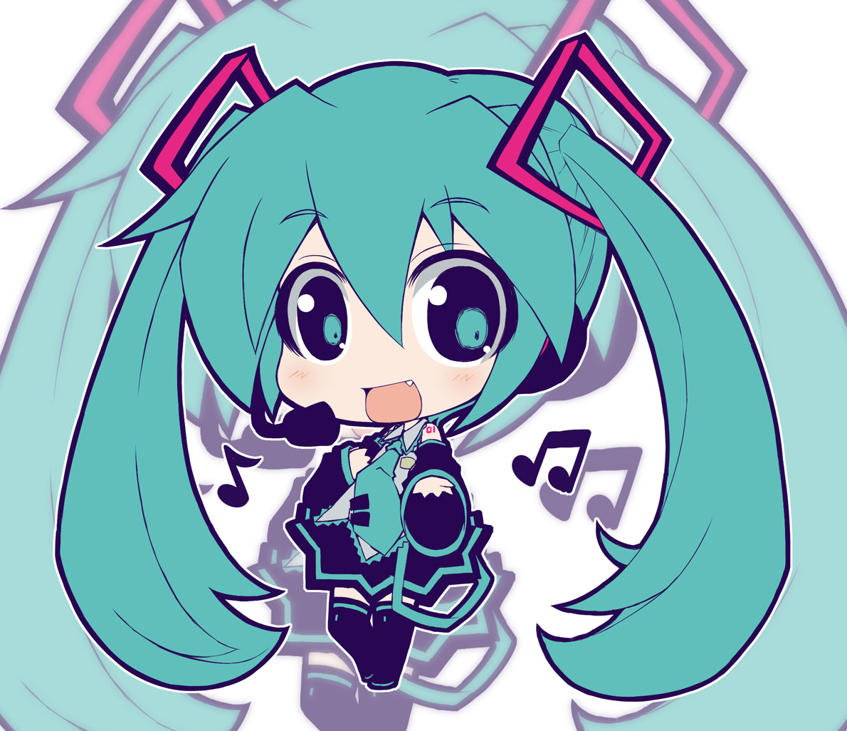 aqua_eyes aqua_hair chibi crazy_developers detached_sleeves fang hatsune_miku long_hair musical_note necktie skirt smile solo thigh-highs thighhighs twintails vocaloid