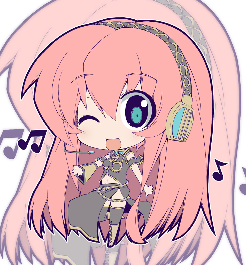 blue_eyes boots chibi crazy_developers headphones headset long_hair megurine_luka midriff musical_note navel pink_hair smile solo thigh-highs thighhighs vocaloid wink zoom_layer