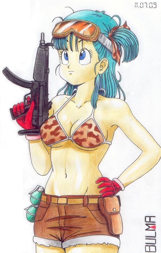 bikini bikini_top breasts bulma dragon_ball dragonball explosive gloves goggles grenade gun shorts side_ponytail swimsuit underboob weapon