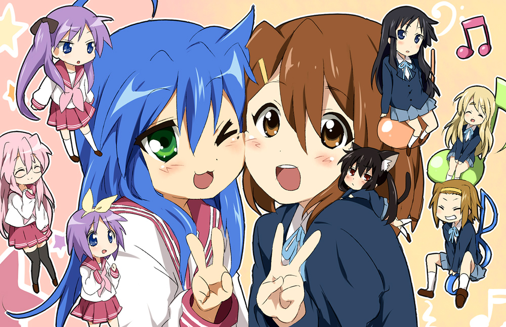 akiyama_mio animal_ears bad_id black_hair blue_eyes blue_hair blush brown_hair cat_ears cheek_to_cheek closed_eyes crossover glasses green_eyes hiiragi_kagami hiiragi_tsukasa hirasawa_yui izumi_konata k-on! kotobuki_tsumugi long_hair lucky_star maruki_(punchiki) multiple_girls musical_note nakano_azusa pink_hair purple_hair school_uniform star tail tainaka_ritsu takara_miyuki thigh-highs thighhighs twintails v wink