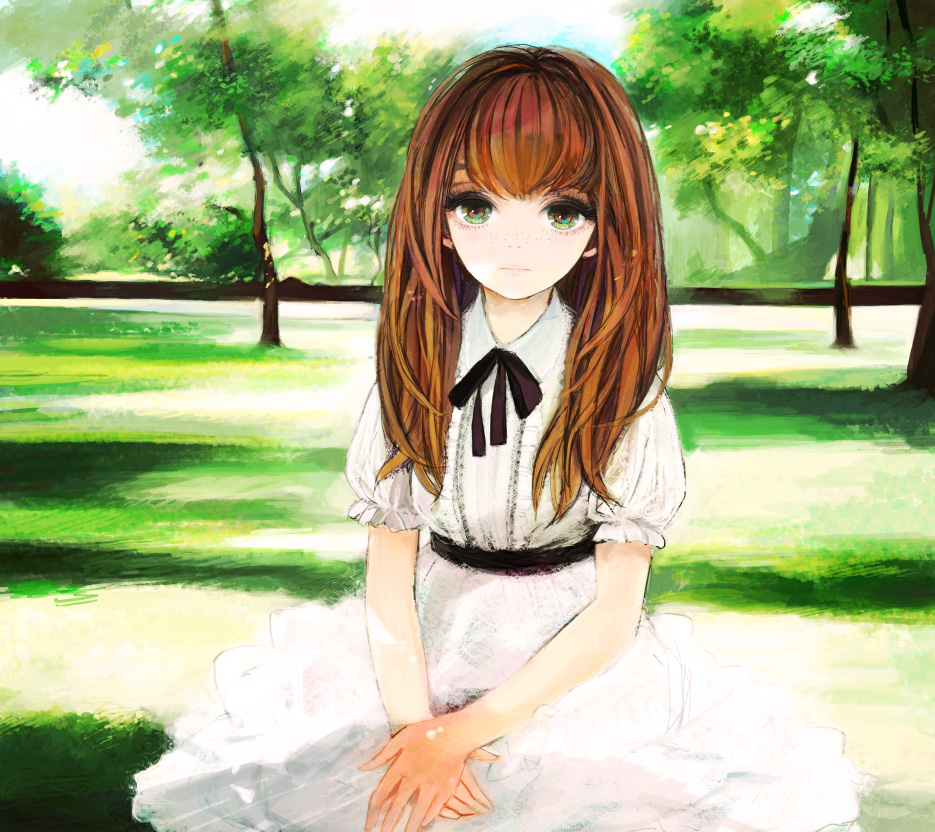 bow brown_hair dress faux_traditional_media freckles hands_clasped long_hair nature outdoors outside ribbon sad sitting solo stare tree