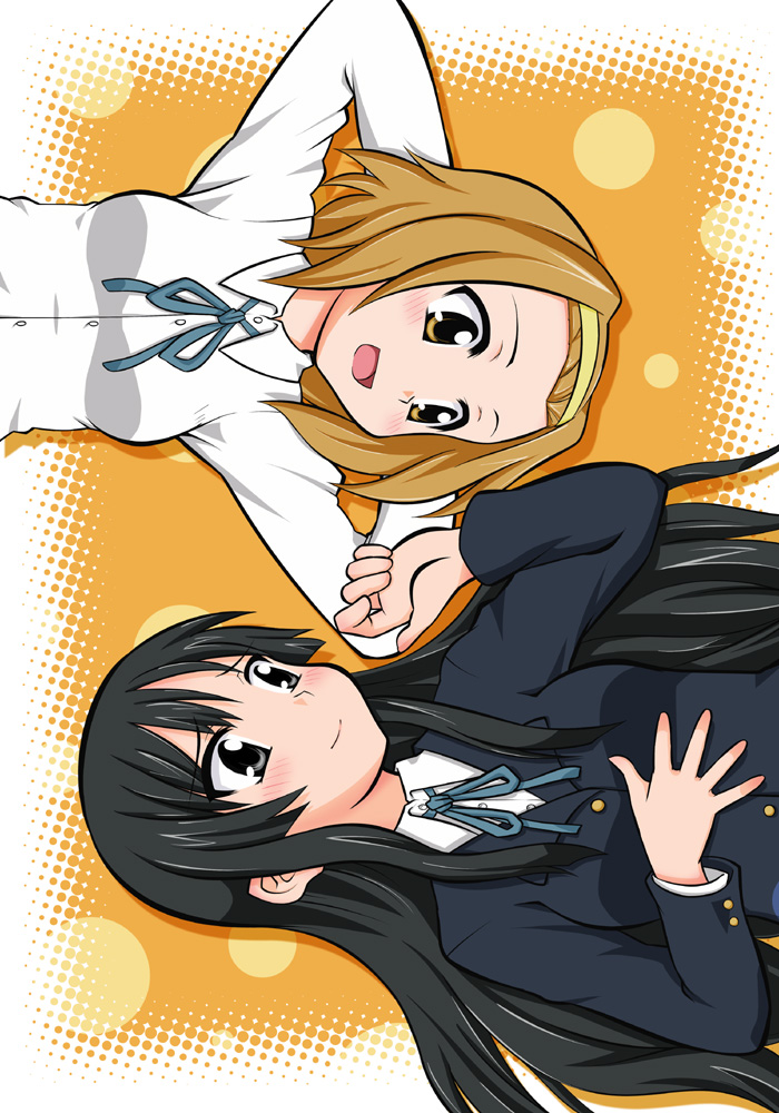 akiyama_mio black_eyes black_hair blazer brown_eyes brown_hair gogatsu_inari hairband k-on! long_hair lying multiple_girls on_back satsuki_inari school_uniform short_hair tainaka_ritsu