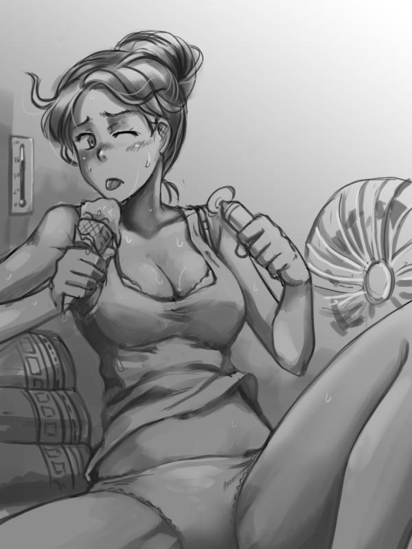 1girl arseniquez bra breasts cleavage collarbone electric_fan greyscale hair_bun hot ice_cream_cone monochrome navel one_eye_closed original panties solo spread_legs sweat sweating tank_top thermometer tongue tongue_out underwear