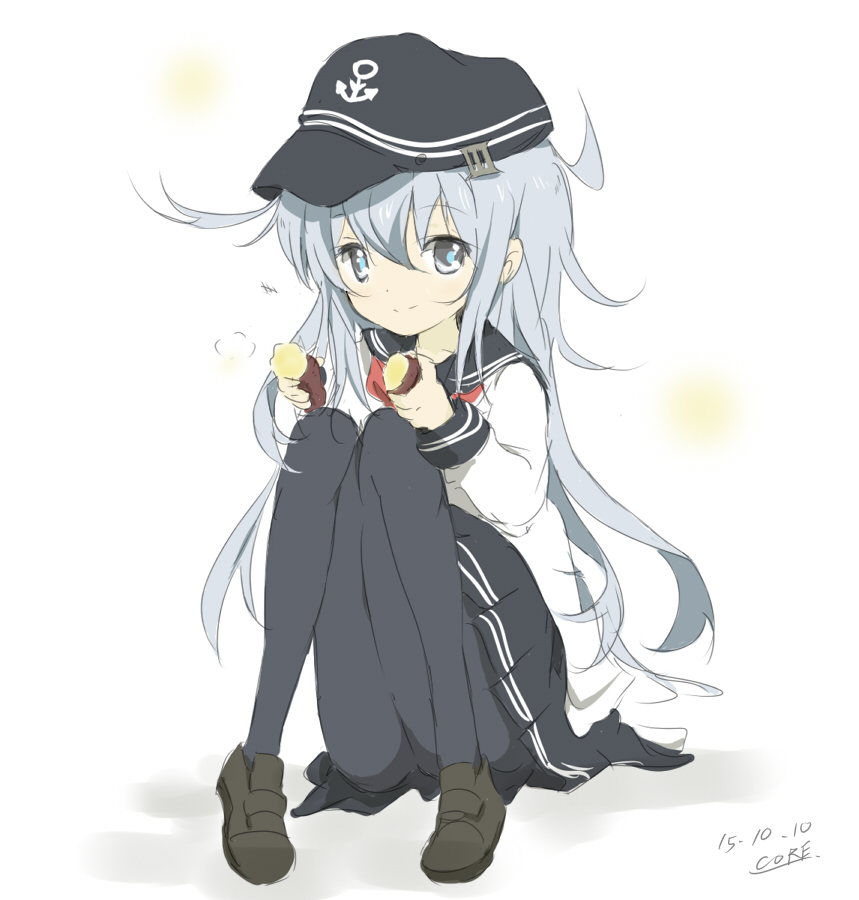 1girl anchor_symbol black_legwear blue_eyes core_(mayomayo) flat_cap food hat hibiki_(kantai_collection) kantai_collection long_hair neckerchief pantyhose potato school_uniform serafuku silver_hair sitting skirt smile solo sweet_potato thighs yakiimo