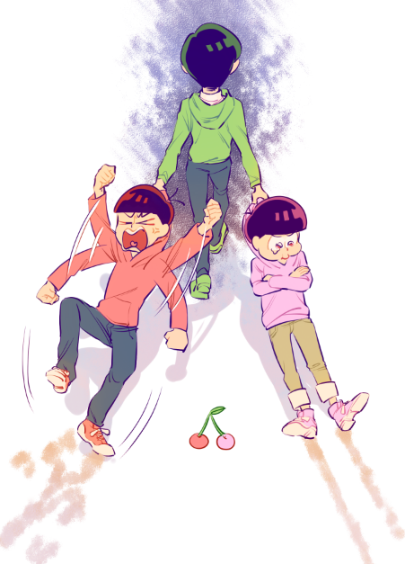 3boys 720_72 anger_vein brothers brown_hair cherry crossed_arms dragging food fruit heart heart_in_mouth hood hoodie male_focus matsuno_choromatsu matsuno_osomatsu matsuno_todomatsu multiple_boys osomatsu-kun osomatsu-san pout shadow shoes siblings simple_background sneakers tantrum white_background