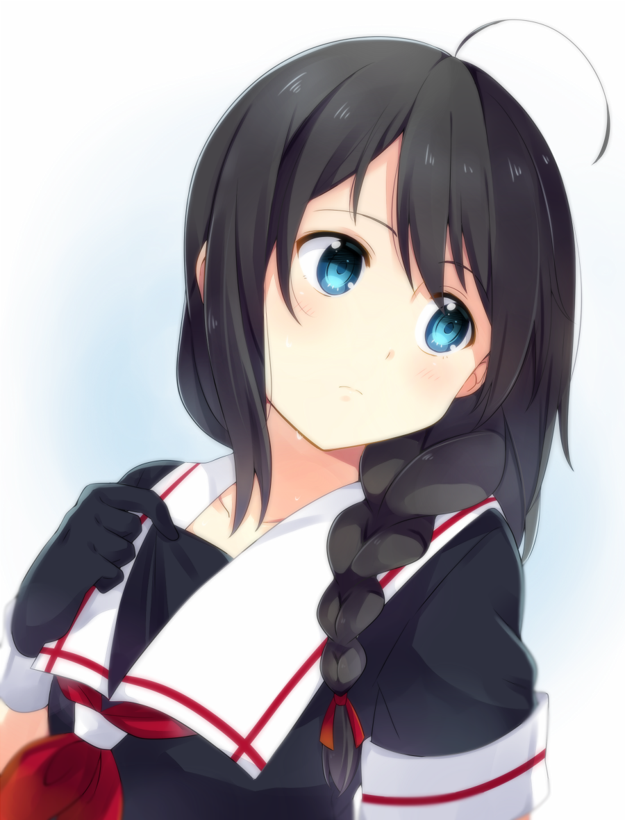 1girl black_gloves black_hair black_serafuku black_shirt blue_eyes blush braid collarbone face gloves hair_over_shoulder hair_ribbon kantai_collection looking_back neckerchief red_ribbon ribbon school_uniform serafuku shigure_(kantai_collection) shirt shirt_tug short_hair simple_background single_braid solo upper_body water_droplets white_background yukichi_(eikichi)