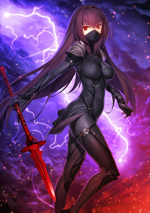 1girl breasts face_mask fate/grand_order fate_(series) gae_bolg koyama_hirokazu lightning long_hair mask official_art polearm purple_hair red_eyes scathach_(fate/grand_order) very_long_hair weapon