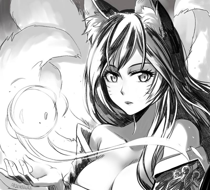 1girl ahri animal_ears arseniquez artist_name bare_shoulders breasts cleavage facial_mark fox_ears large_breasts league_of_legends long_hair monochrome multiple_tails signature solo tail upper_body whisker_markings