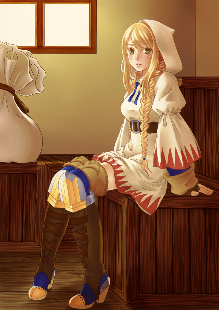 1girl agrias_oaks angelsyndrome belt blonde_hair blush boots box braid brown_boots brown_gloves cloak final_fantasy final_fantasy_tactics fingerless_gloves full_body gloves hood hooded_cloak indoors knee_pads long_sleeves looking_at_viewer sack single_braid solo thigh-highs thigh_boots underbust window wooden_floor yellow_eyes