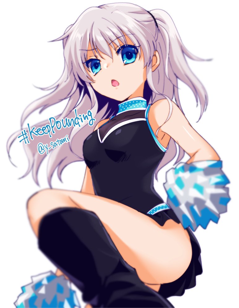 1girl blue_eyes blurry carolina_panthers charlotte_(anime) cheerleader depth_of_field english leotard long_hair national_football_league pom_poms satomi_yoshitaka silver_hair skirt tomori_nao twintails two_side_up