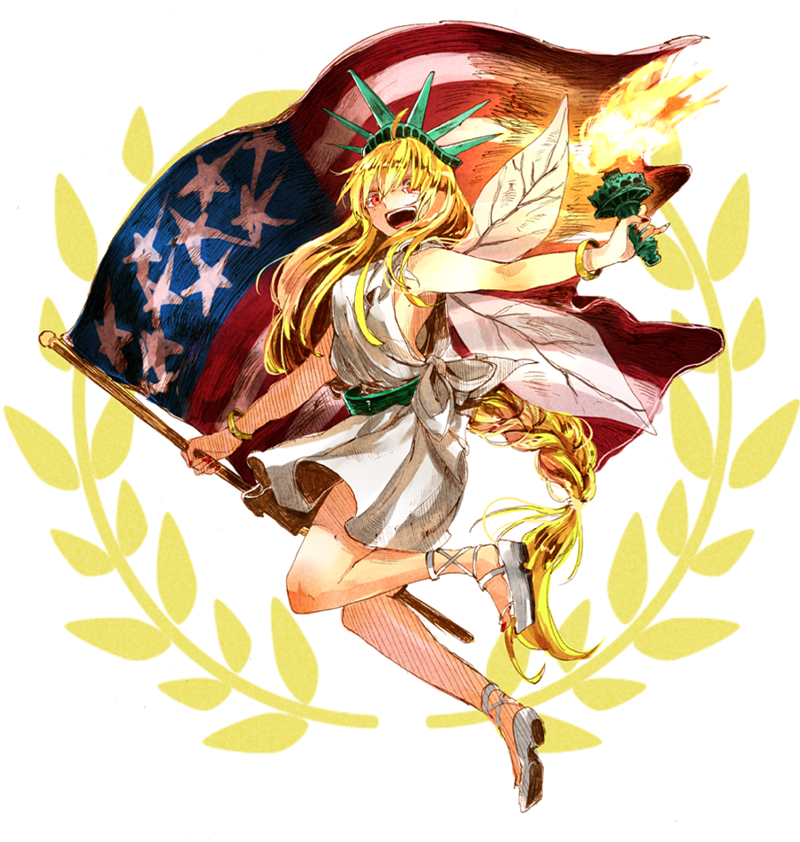1girl ahoge alternate_costume alternate_hairstyle american_flag bangs bracelet braid breasts clownpiece dress full_body fuuga_(perv_rsity) hair_between_eyes hair_over_one_eye hair_tie jewelry leg_up legs long_hair looking_at_viewer nail_polish open_mouth platform_footwear red_eyes red_nails shiny shiny_hair shoes short_dress sidelocks single_braid smile solo statue_of_liberty statue_of_liberty_(cosplay) teeth tongue torch touhou very_long_hair white_dress white_shoes wings