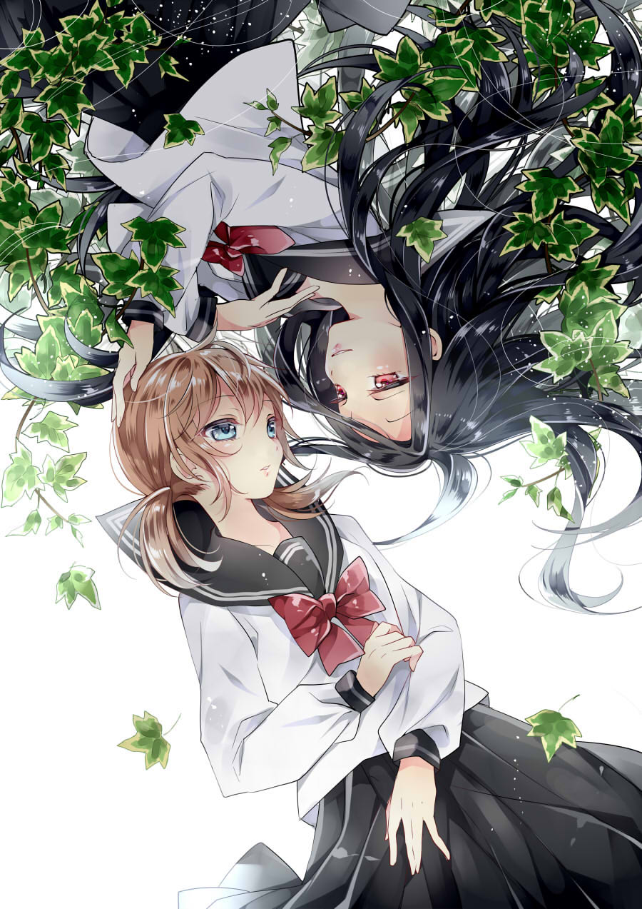 2girls ayumaru_(art_of_life) bangs black_hair black_skirt blush bow brown_hair eye_contact face-to-face hand_on_another's_head highres ivy leaf long_hair long_sleeves looking_at_another low_twintails multiple_girls original parted_lips pink_lips pleated_skirt red_bow red_eyes school_uniform serafuku skirt smile string twintails upskirt very_long_hair vines white_background white_blouse