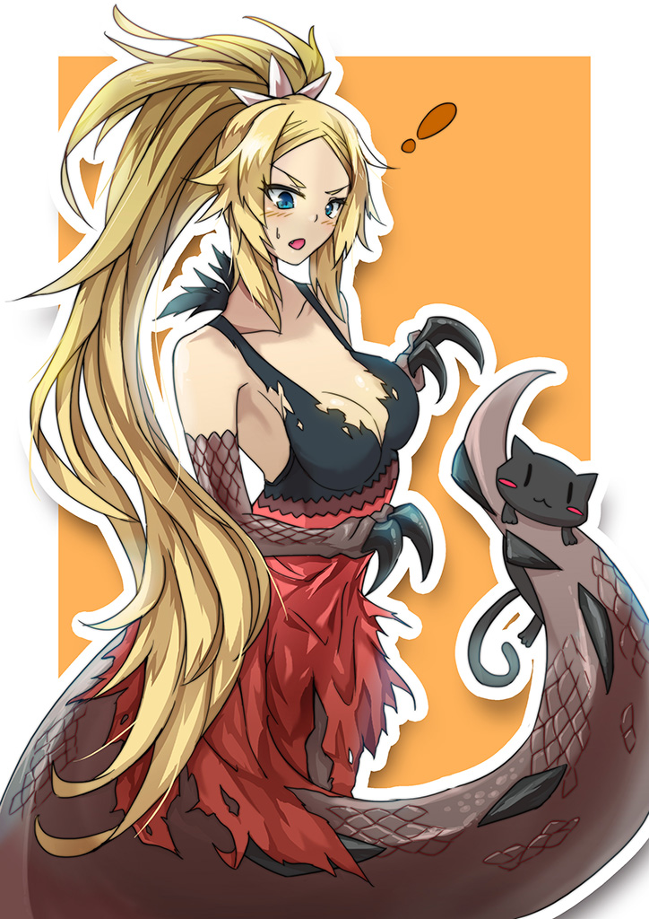 ! 1girl blonde_hair blue_eyes blush_stickers breasts cat churio claws cleavage collarbone cowboy_shot dinosaur_girl dinosaur_tail dress fang long_hair monster_girl open_mouth ponytail rocknroll scales solo sweatdrop t-rex_na_kanojo tail torn_clothes torn_dress tyrannosaurus_rex very_long_hair