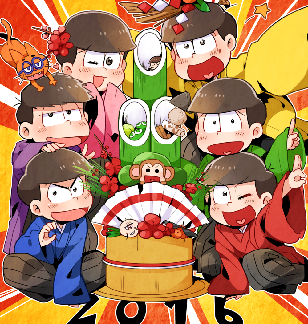 2016 bamboo esper_nyanko hijirisawa_shonosuke iyami japanese_clothes kadomatsu matsuno_choromatsu matsuno_ichimatsu matsuno_juushimatsu matsuno_karamatsu matsuno_osomatsu matsuno_todomatsu monkey new_year osomatsu-kun osomatsu-san sextuplets siblings