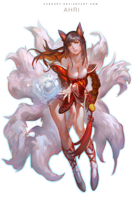 1girl ahri animal_ears artist_name artist_request bare_shoulders blue_hair breasts cleavage facial_mark fire fox_ears fox_tail full_body japanese_clothes large_breasts league_of_legends long_hair multiple_tails simple_background smile solo tail whisker_markings white_background yellow_eyes
