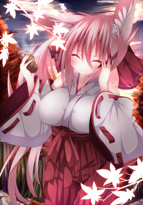 1girl animal_ears autumn_leaves bare_shoulders bell blush breasts closed_eyes daidai_ookami eating food fox_ears hair_ornament hakama japanese_clothes kazamatsuri_kazari large_breasts leaf long_hair miko original pink_hair smile solo