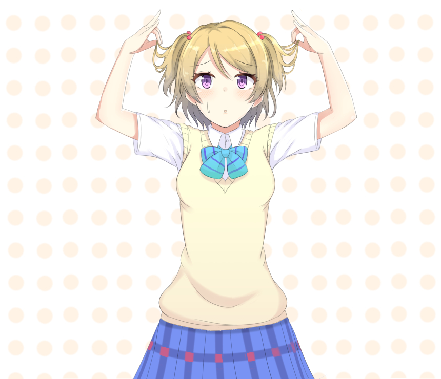 1girl alternate_hairstyle arms_up blush brown_hair hair_bobbles hair_ornament koizumi_hanayo looking_at_viewer love_live!_school_idol_project school_uniform short_hair solo sweater_vest tonitorus twintails two_side_up violet_eyes