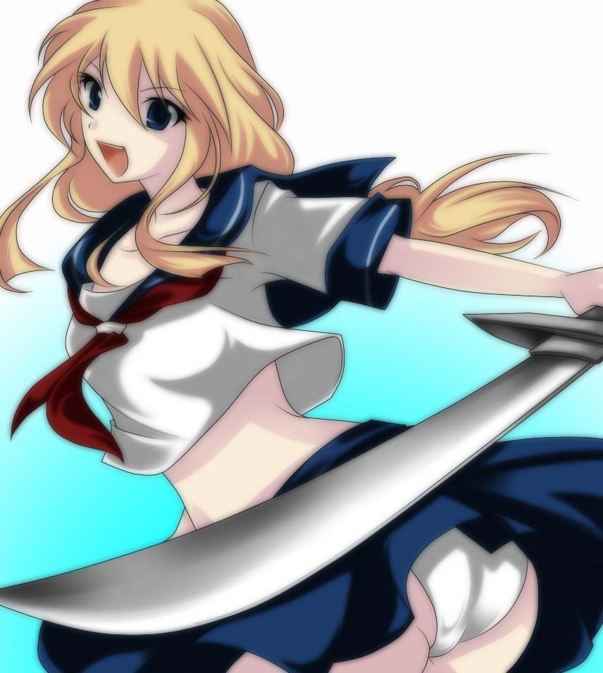 1girl :d agrias_oaks blonde_hair blue_background blue_eyes blue_skirt collarbone final_fantasy final_fantasy_tactics gradient gradient_background hair_between_eyes hal_(goshujinomocha) holding_sword holding_weapon long_hair neckerchief open_mouth panties sailor_collar school_uniform serafuku shirt short_sleeves simple_background skirt smile solo sword underwear upskirt weapon white_panties white_shirt