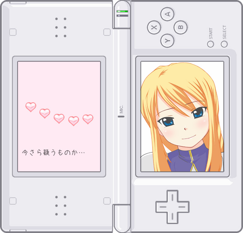 1girl agrias_oaks armor blonde_hair blue_eyes braid final_fantasy final_fantasy_tactics handheld_game_console higure_garden knight long_hair love_plus nintendo_3ds nintendo_ds single_braid solo tagme