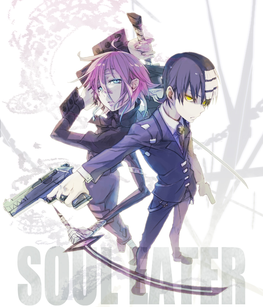 1boy androgynous back-to-back black_hair blue_eyes crona_(soul_eater) death_the_kid expressionless full_body gun ha.skr_(hasukara) looking_at_viewer messy_hair pink_hair soul_eater standing sword weapon yellow_eyes