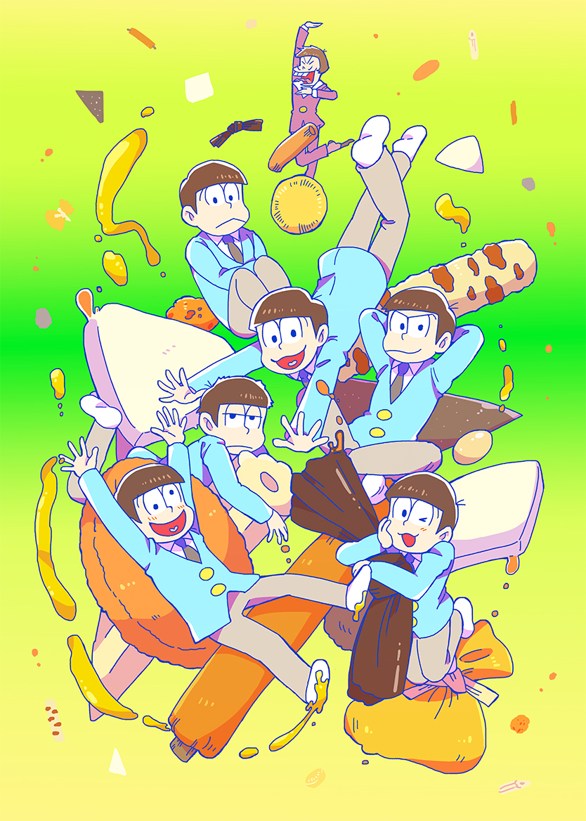 6+boys :&lt; arms_behind_head brothers brown_hair chikuwa food formal gradient gradient_background hanamaru_pippi_wa_yoi_ko_dake jitome loose_socks male_focus matsuno_choromatsu matsuno_ichimatsu matsuno_juushimatsu matsuno_karamatsu matsuno_osomatsu matsuno_todomatsu multiple_boys oden osomatsu-kun osomatsu-san purple_suit sextuplets siblings smile socks suit wall-eyed