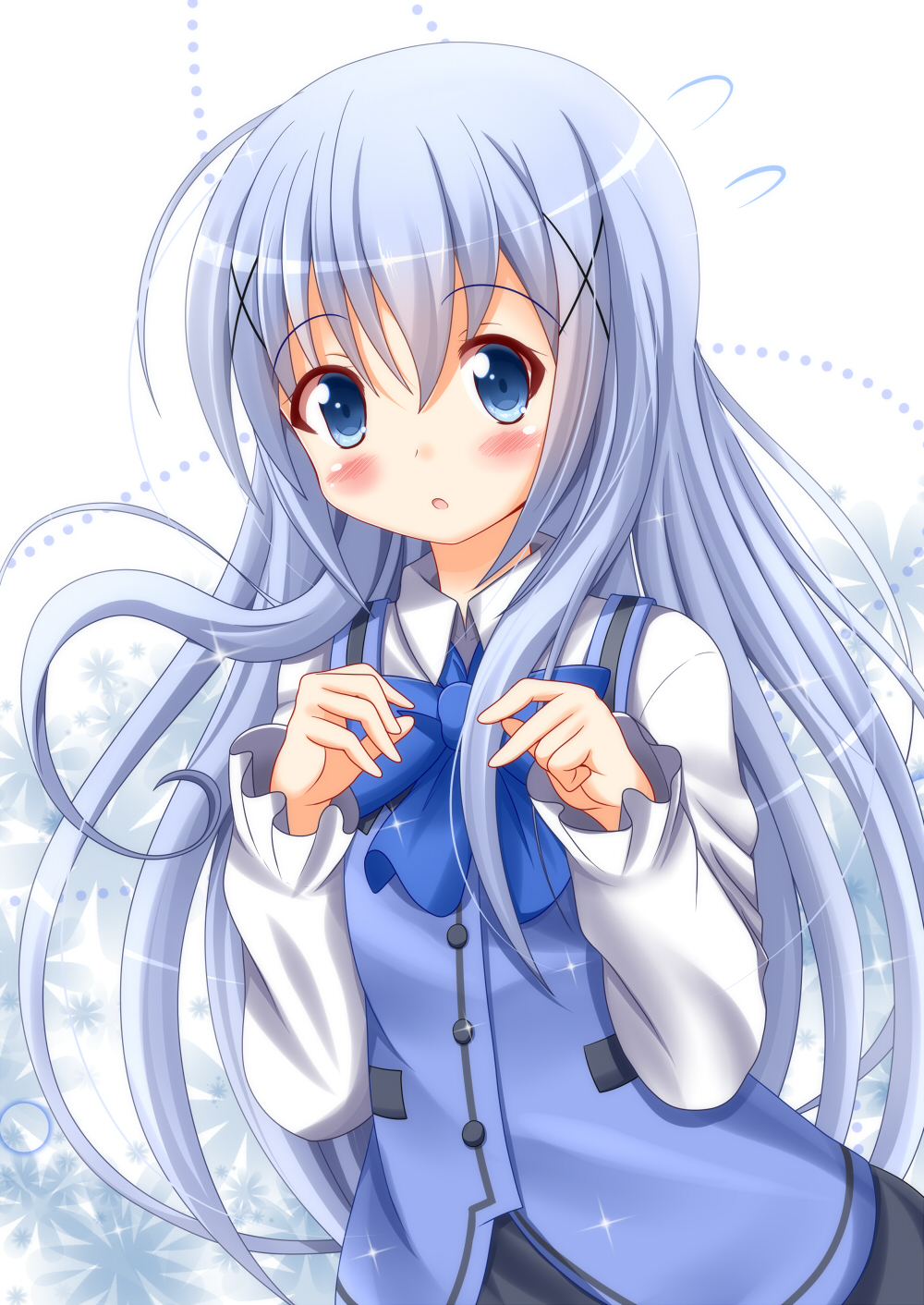 1girl blue_eyes blue_hair gochuumon_wa_usagi_desu_ka? hair_ornament hairclip highres kafuu_chino long_hair rabbit_house_uniform x_hair_ornament zenon_(for_achieve)