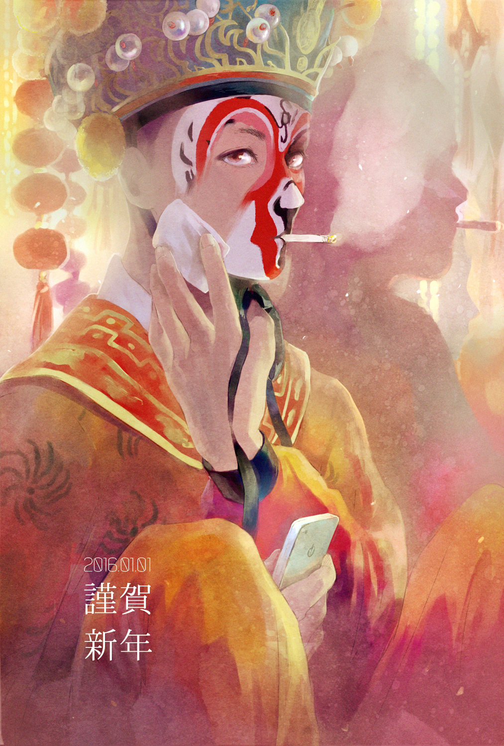1boy 2016 cellphone chinese_clothes cigarette dated highres journey_to_the_west keipomjp makeup male_focus mouth_hold new_year original peking_opera phone removing_makeup silhouette smoke smoking solo_focus sun_wukong sun_wukong_(cosplay) tissue