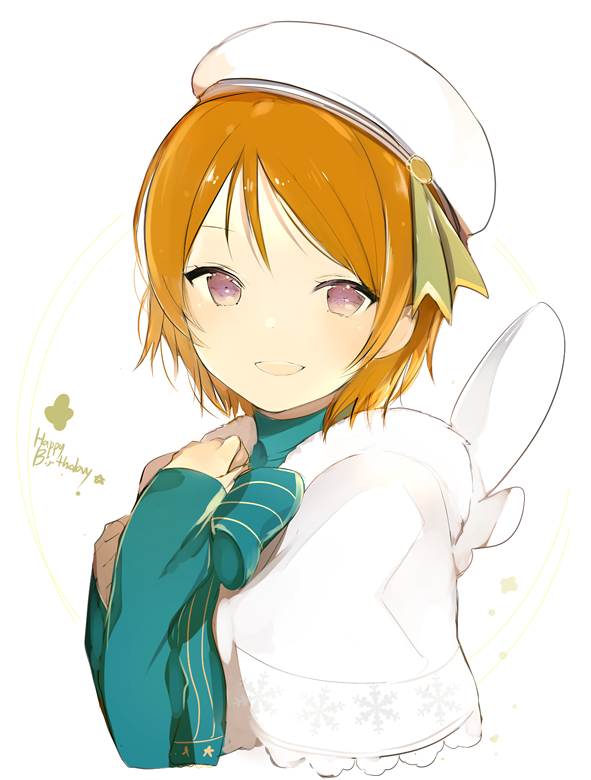 1girl :d blue_bow blue_bowtie blush bow bowtie capelet green_ribbon hand_on_own_chest happy_birthday hat hat_ribbon koizumi_hanayo long_sleeves looking_at_viewer love_live!_school_idol_project lp_(hamasa00) open_mouth orange_hair ribbon short_hair simple_background smile solo teeth upper_body violet_eyes white_background white_hat