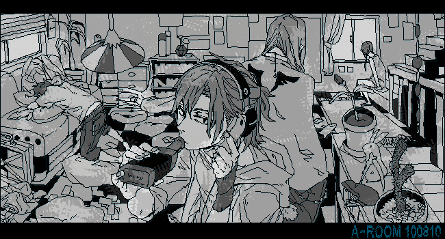 1girl 3boys bottle cactus cellphone couch drinking flower_pot ha.skr_(hasukara) indoors letterboxed long_hair looking_at_viewer lying messy_room monochrome multiple_boys original phone pillow room sitting standing table window