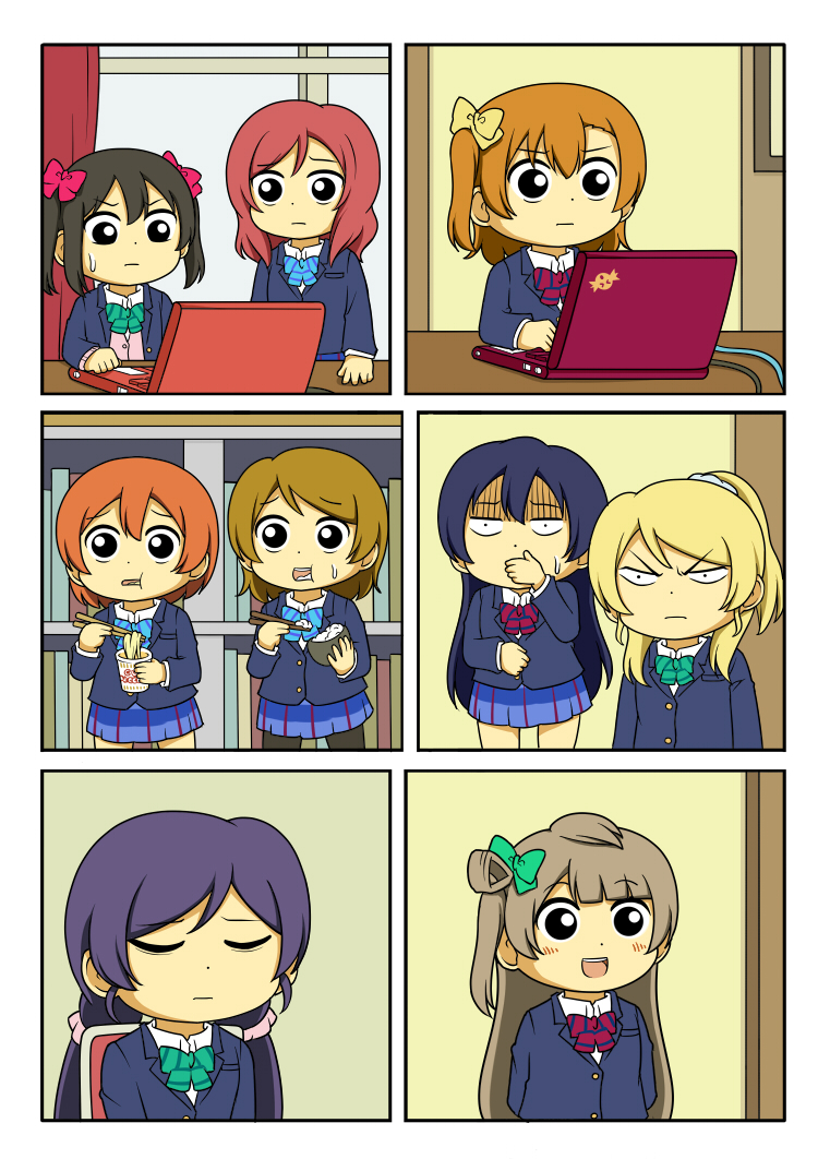 6+girls ayase_eli bow closed_eyes comic computer eating gloom_(expression) hair_bow hoshizora_rin koizumi_hanayo kousaka_honoka laptop love_live!_school_idol_project low_twintails minami_kotori multiple_girls nishikino_maki one_side_up ponytail purple_hair ramen rice_bowl scrunchie shiitake_nabe_tsukami sonoda_umi toujou_nozomi twintails yazawa_nico