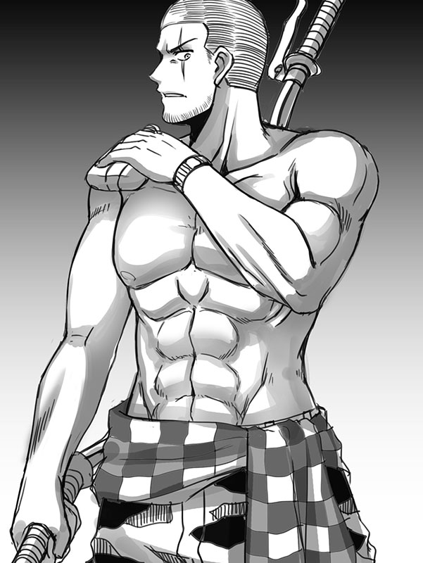 1boy abs arseniquez clothes_around_waist facial_hair gradient gradient_background holding_sword holding_weapon male_focus monochrome muscle original scar scar_across_eye shaved_head shirt_around_waist shirtless shorts solo sword watch watch weapon