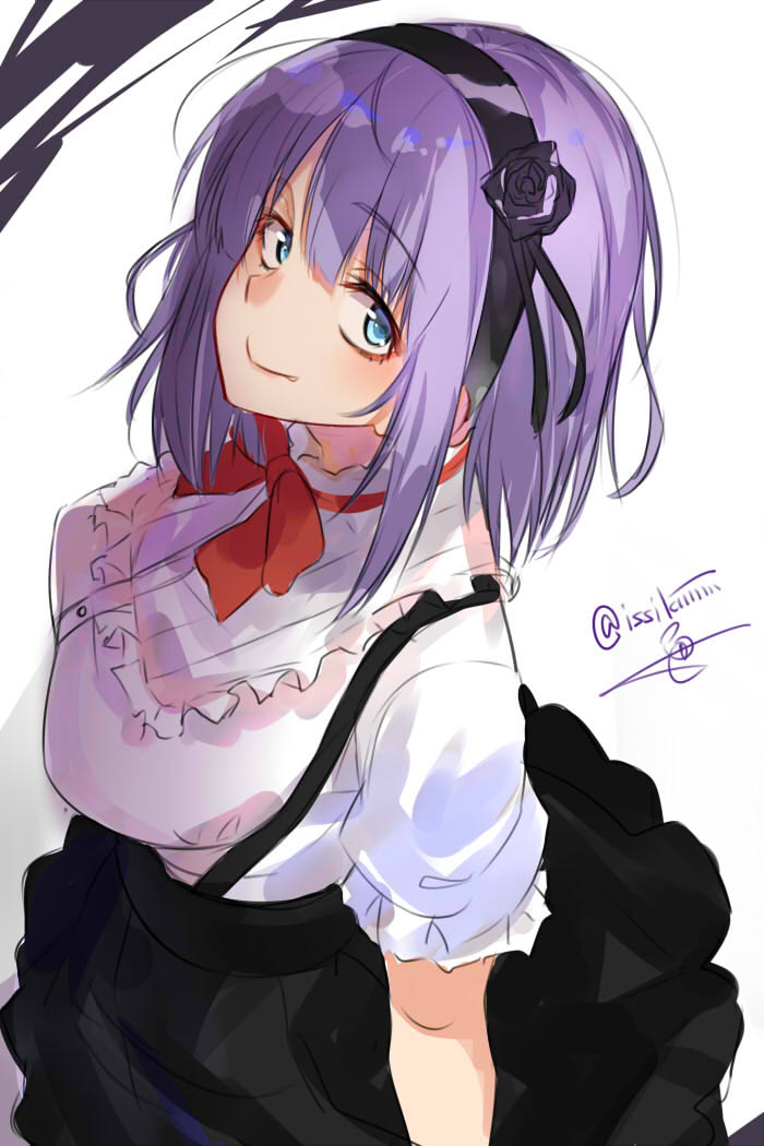 1girl blush breasts dagashi_kashi flower hair_flower hair_ornament hairband isshiki_(ffmania7) large_breasts looking_at_viewer purple_hair shidare_hotaru short_hair sketch smile solo