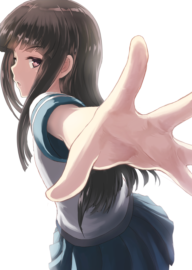 1girl bangs blue_skirt blunt_bangs bright_background brown_eyes brown_hair ear hatsuyuki_(kantai_collection) kantai_collection long_hair looking_at_viewer looking_back open_hand open_mouth outstretched_arm pleated_skirt school_uniform serafuku short_sleeves simple_background skirt solo tooi_aoiro uniform white_background