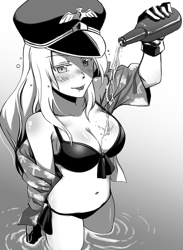 1girl arseniquez blush bottle breasts from_above front-tie_bikini front-tie_top gloves gradient gradient_background hat long_hair military_hat monochrome navel off_shoulder original panties partially_submerged side-tie_panties solo spilling tongue tongue_out underwear