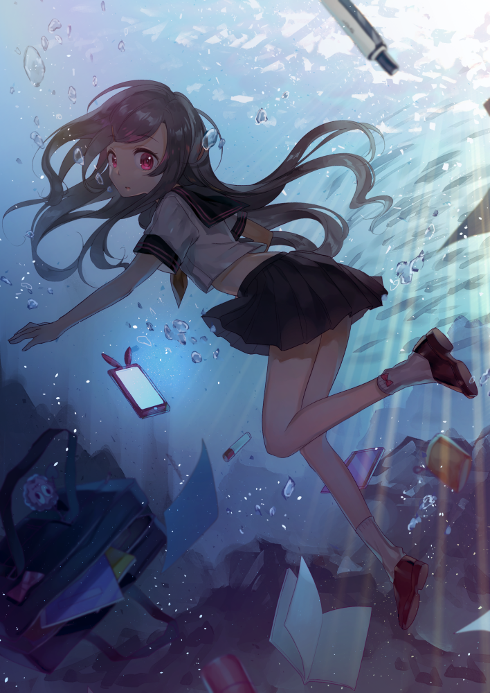 1girl air_bubble black_hair bubble commentary_request from_behind long_hair looking_at_viewer looking_back neckerchief open_mouth original pleated_skirt red_eyes school_uniform serafuku skirt solo submerged tyokoa4649 underwater water