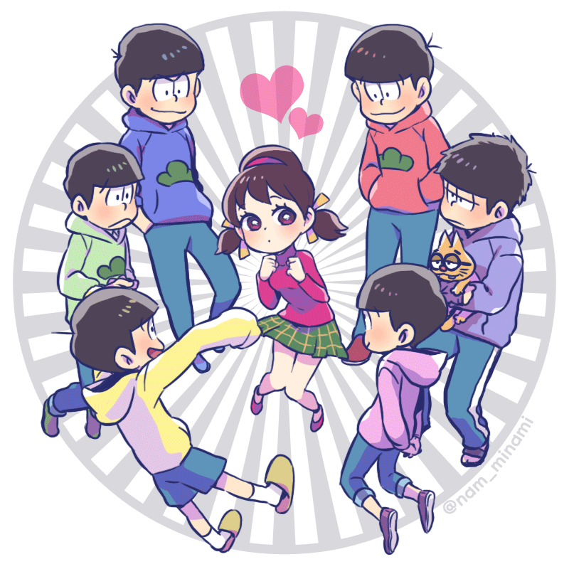 1girl 6+boys arms_behind_back barefoot_sandals circle dramatica esper_nyanko hands_in_pockets headband heart hood hoodie looking_at_another matsuno_choromatsu matsuno_ichimatsu matsuno_juushimatsu matsuno_karamatsu matsuno_osomatsu matsuno_todomatsu messy_hair multiple_boys osomatsu-kun osomatsu-san pants pants_rolled_up pink_eyes plaid plaid_skirt short_twintails skirt sleeves_rolled_up slippers turtleneck twintails twitter_username yowai_totoko