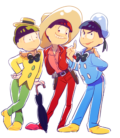 3boys 720_72 arm_around_shoulder arm_behind_back black_hair bowtie brothers disney donald_duck donald_duck_(cosplay) donald_duck_sailor_hat gloves hand_on_hip hat holster index_finger_raised jose_carioca jose_carioca_(cosplay) matsuno_choromatsu matsuno_karamatsu matsuno_osomatsu multiple_boys osomatsu-kun osomatsu-san panchito_pistoles panchito_pistoles_(cosplay) siblings simple_background single_vertical_stripe smile sombrero umbrella white_background white_gloves