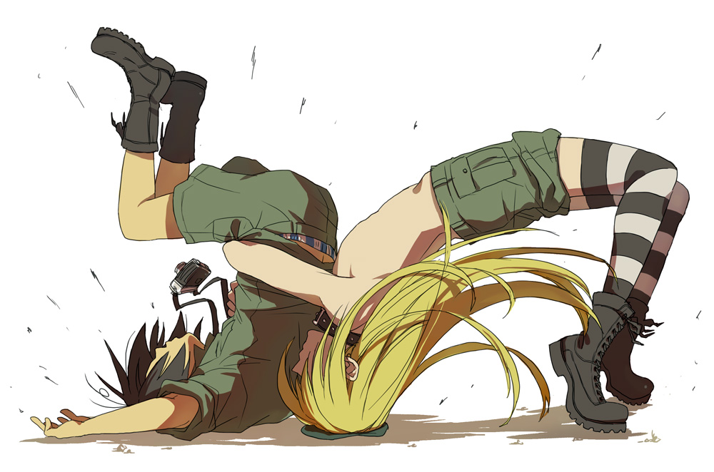 1boy androgynous blonde_hair boots camera character_request collar dien_bien_phu_(manga) german_suplex ha.skr_(hasukara) long_hair military military_uniform striped striped_legwear suplex thigh-highs uniform