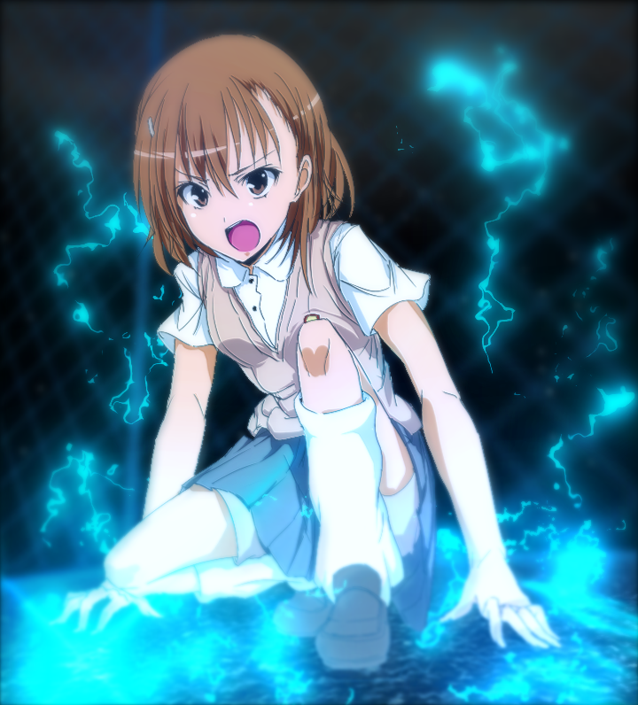 1girl biribiri brown_eyes brown_hair electricity misaka_mikoto school_uniform sugari sweater_vest to_aru_kagaku_no_railgun to_aru_majutsu_no_index