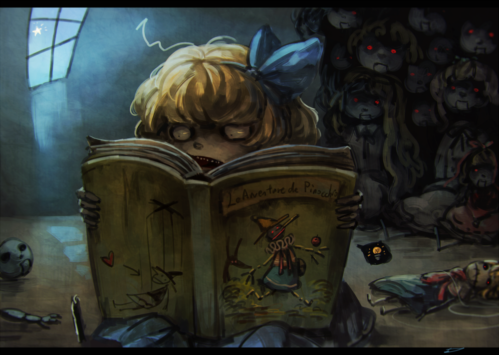 alice_margatroid alice_margatroid_(pc-98) blonde_hair book capelet character_doll doll hairband koto_inari pinocchio pinocchio_(character) reading red_eyes star touhou touhou_(pc-98) window