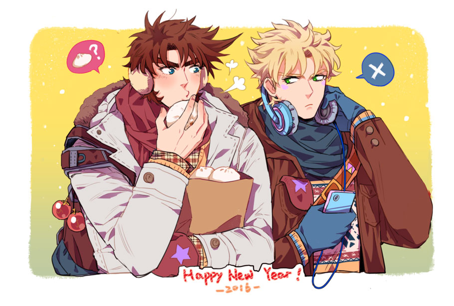 2016 bag blonde_hair blue_eyes blue_gloves breath brown_hair caesar_anthonio_zeppeli cellphone clacker dumpling earmuffs facial_mark gloves green_eyes happy_new_year headphones headphones_around_neck jacket jojo_no_kimyou_na_bouken joseph_joestar_(young) mittens new_year paper_bag phone scarf smartphone speech_bubble yway1101