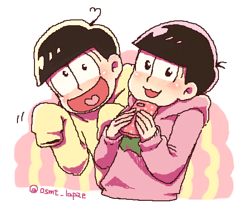 2boys brothers brown_hair cellphone hood hoodie male_focus matsuno_juushimatsu matsuno_todomatsu multiple_boys osomatsu-kun osomatsu-san phone siblings sketch sleeves_past_wrists smartphone smile twitter_username