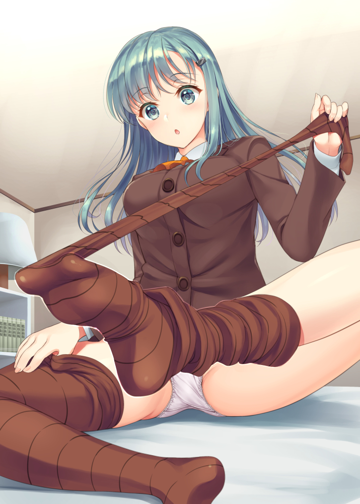 1girl aqua_eyes aqua_hair asahina_hikage bangs book breasts brown_jacket brown_legwear brown_skirt buttons ceiling chestnut_mouth collared_shirt cravat eyebrows eyebrows_visible_through_hair from_below hair_ornament hairclip hand_under_clothes indoors jacket kantai_collection lamp leg_up long_hair long_sleeves looking_at_viewer miniskirt no_shoes on_bed panties pleated_skirt pulled_by_self school_uniform shelf shirt sitting skirt skirt_lift solo suzuya_(kantai_collection) thigh-highs thighhigh_dangle thighhighs_pull underwear undressing white_panties white_shirt