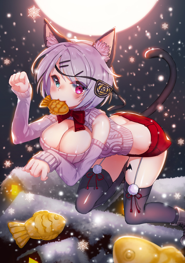 1girl animal_ears artist_request bat_print blue_eyes blush breasts cat_ears cat_girl cat_tail eyepatch eyepatch_removed food food_in_mouth garter_straps hair_ornament hairclip hairpin heterochromia iri_flina kemonomimi_mode looking_at_viewer mouth_hold paw_pose red_eyes ribbed_sweater ribbon short_hair silver_hair smile snow snowflakes snowing solo sweater sword_girls tail taiyaki thigh-highs wagashi winter