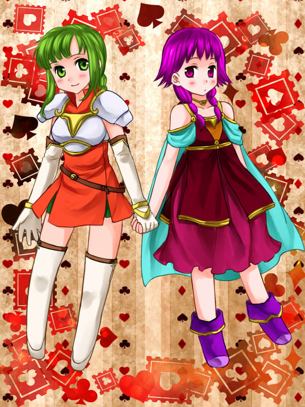 2girls 74 armor bare_shoulders blush boots cape chibi dress elbow_gloves fire_emblem fire_emblem:_seima_no_kouseki gloves green_eyes green_hair holding_hands long_hair lute_(fire_emblem) multiple_girls poker ponytail purple_hair short_hair thigh-highs twintails vanessa_(fire_emblem) violet_eyes